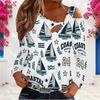 Women Plus Size White Asymmetric Cutout Neck Cold Shoulder Long Sleeve Sailboat Printed Top