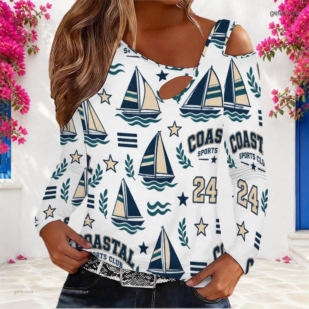 Women Plus Size White Asymmetric Cutout Neck Cold Shoulder Long Sleeve Sailboat Printed Top