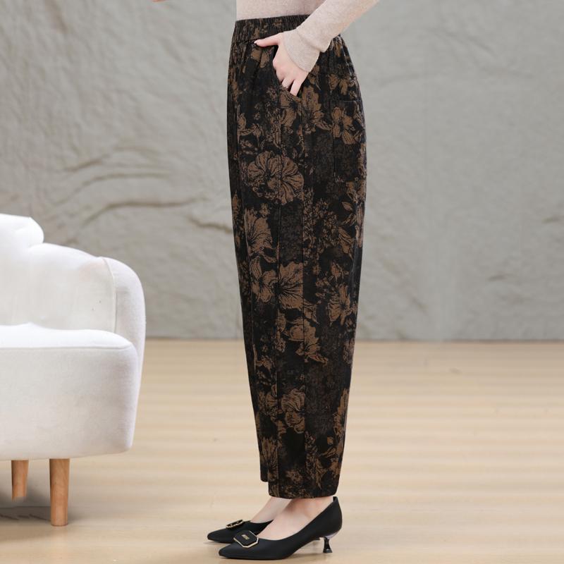 Ladies Oversized Floral Long Pants Elastic Waist Loose Casual Autumn Trousers for Middle Aged Women
