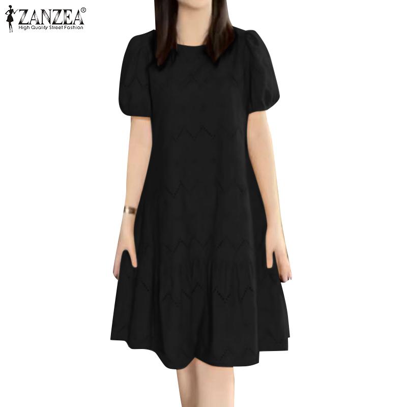 ZANZEA Women Casual Round Neck Short Sleeve Lace Crochet Dress