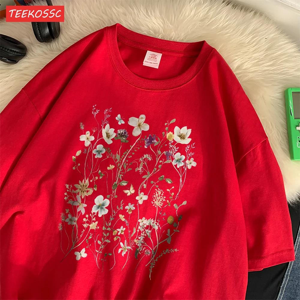 Women'S T-Shirts Beautiful Spring Flower Clusters Printed Short Sleeve O-Neck Breathable Summer Trend Female Clothes