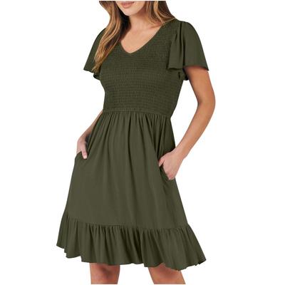 Women's Fashion Summer Spring Solid Color Print Short Sleeve V-Neck High Waist Casual Dresses