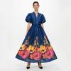 Prantsuse Vintage Lilleline Maksikleit Naistele Puhvisvarrukatega V-kaelus Elegantne Lilleline Trükk Kõrge Vöökoht Vööd A-kujuline Suvine Rannikupikk Pikad Maksikleidid