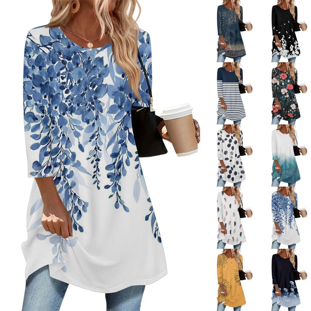 Dame Mote Casual Trekvartsermet Lang Blomstermønstret Rundhals Topp