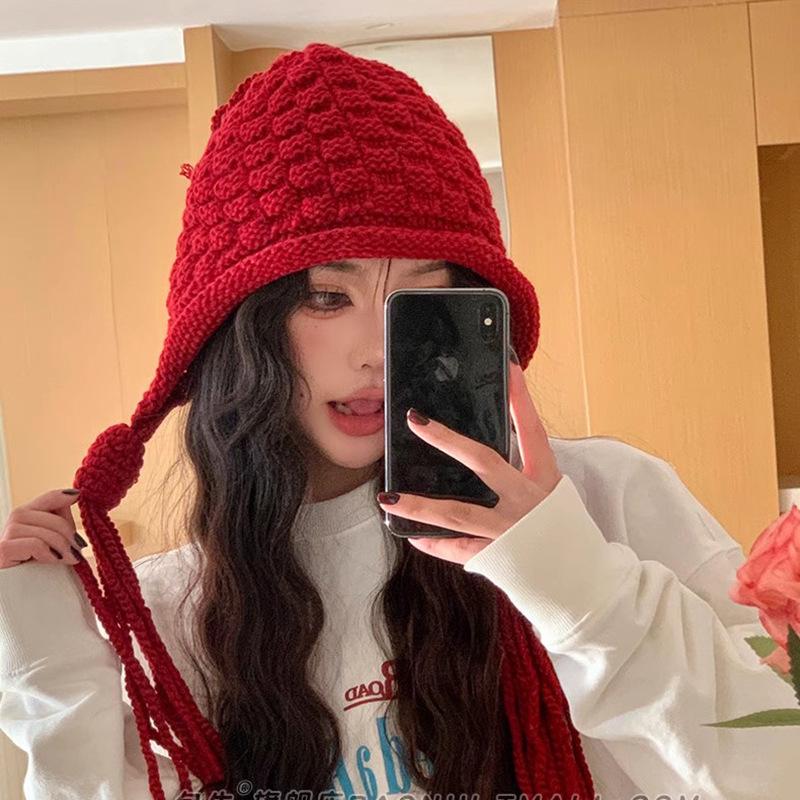 Handmade Fringed Ball Red Knitted Wool Cap Thermal Bald Hat Winter Ear Protector Tied Hat Trendy Hat Children