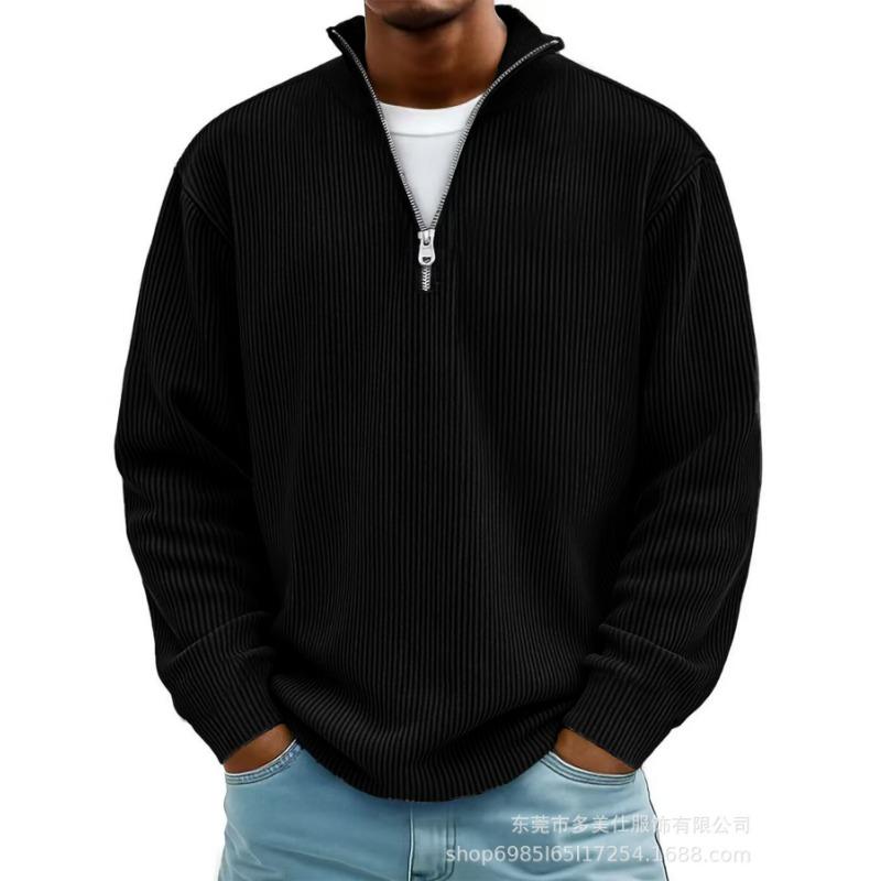 Fall Winter Men's Ribbed Knit Quarter Zip Pullover Long Sleeve Stand Collar Casual Sweatshirt