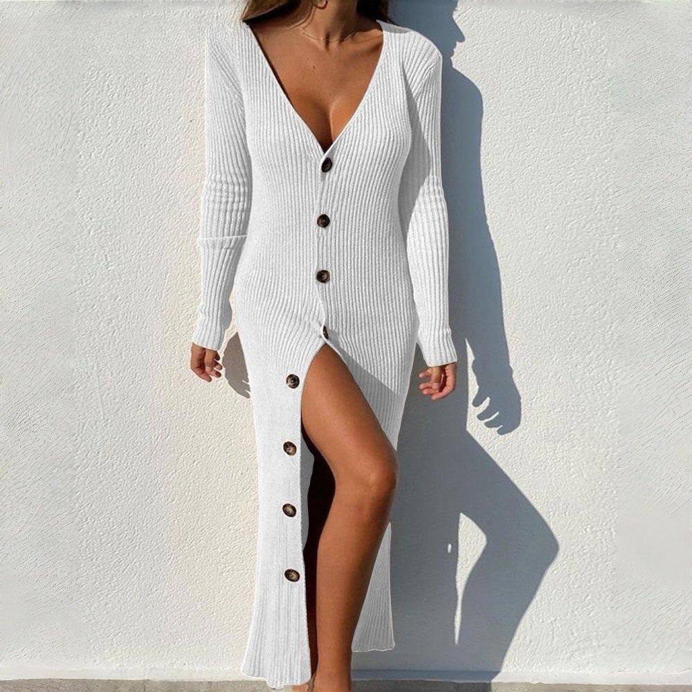 Plus Size Women's Casual Knit Threaded Button Long Sleeve Cardigan Dresses