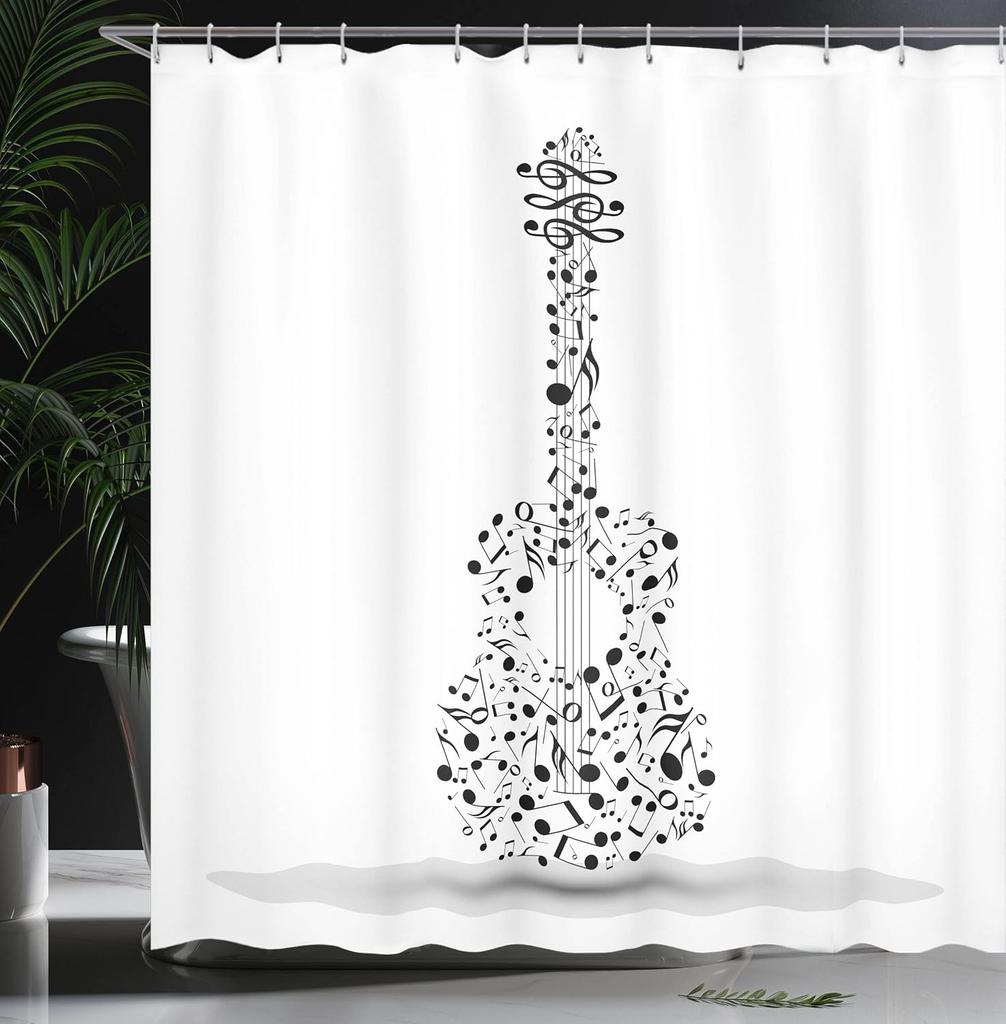 Music Guitar Shower Curtain Musical Notes Design Black White Art Bathroom Decor Waterproof Fabric Creative Home Accessories