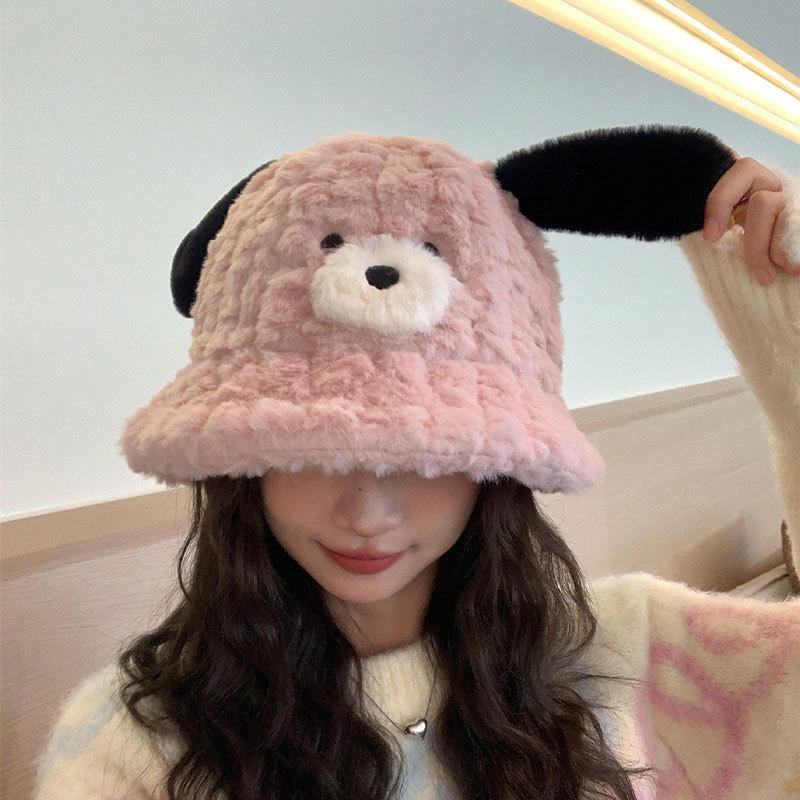 Autumn and Winter Puppy Ears Bucket Hat Female Big Head Circumference Plush Bucket Hat Cute Face Small Warm Hat