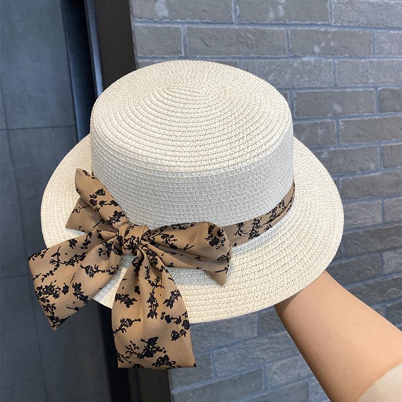 Bow Flat Top Top Hat UV Protection Versatile Casual Straw Hat Women's Summer Seaside Vacation Beach Hat