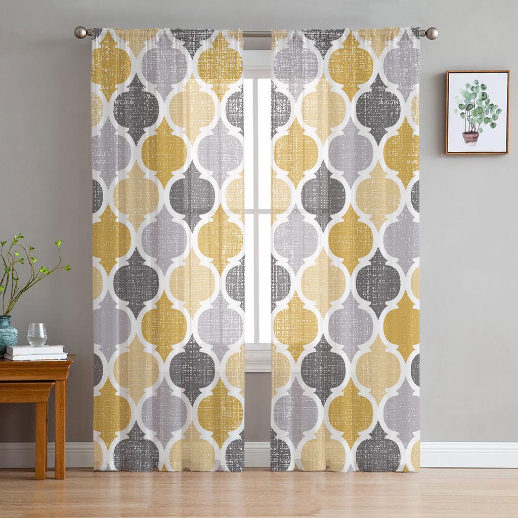 Turquoise Grey Geometric Moroccan Retro Tulle Curtain Voile Transparent for Bedroom Living Room Kitchen Sheer Window Curtains
