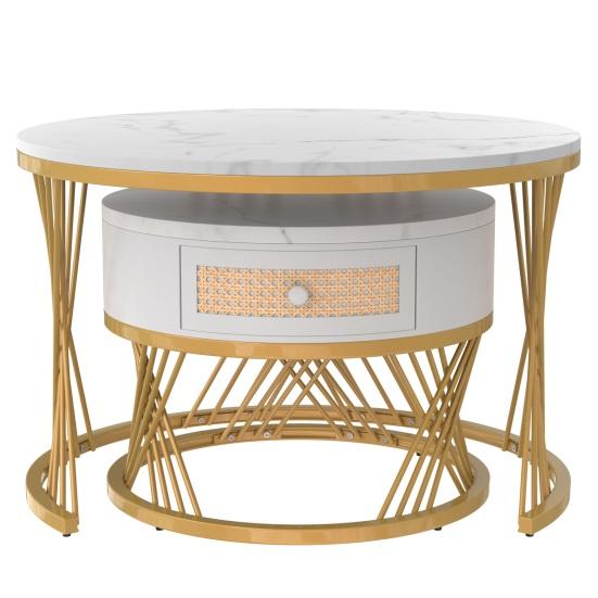 End Table 2 In 1 Round Coffee Made of MDF Side with A Marble Tabletop and Plastic Rattan Sofa Drawers Solid Wood Handles Gold-Colored Iron Legs. 70