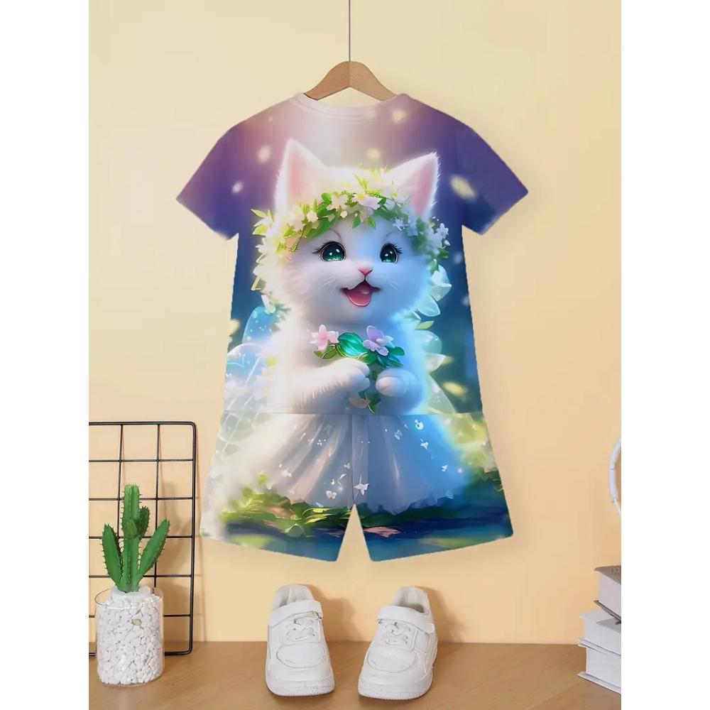 Children's Cat T-Shirt Shorts Set Summer Casual Girl Clothes Short Sleeve Kids Sets for Children Tops Outdoor Sport Girl Outfits