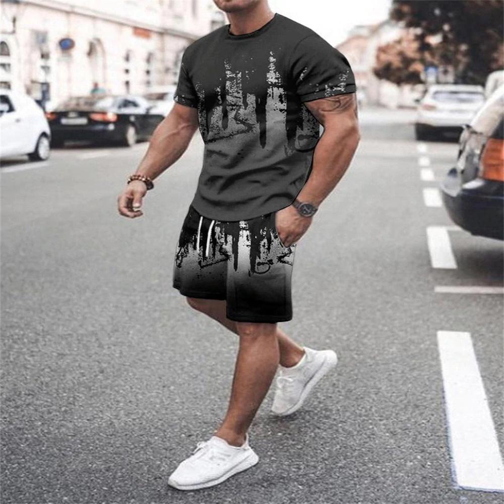 Summer Trend Fashion Men's Gradient Short-Sleeved Shorts Set 3D Print Retro Sports T-Shirt Two-Piece Men Streetwear Sportswear