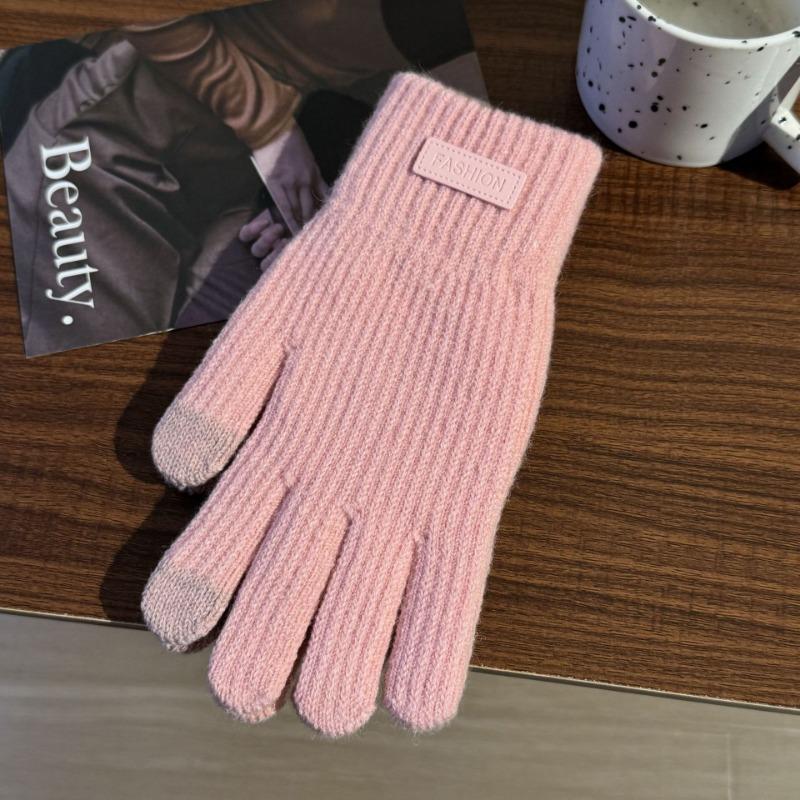 Women's winter touch screen gloves, piled and thickened warm cycling cold-proof wool knitted outdoor men's five-finger gloves