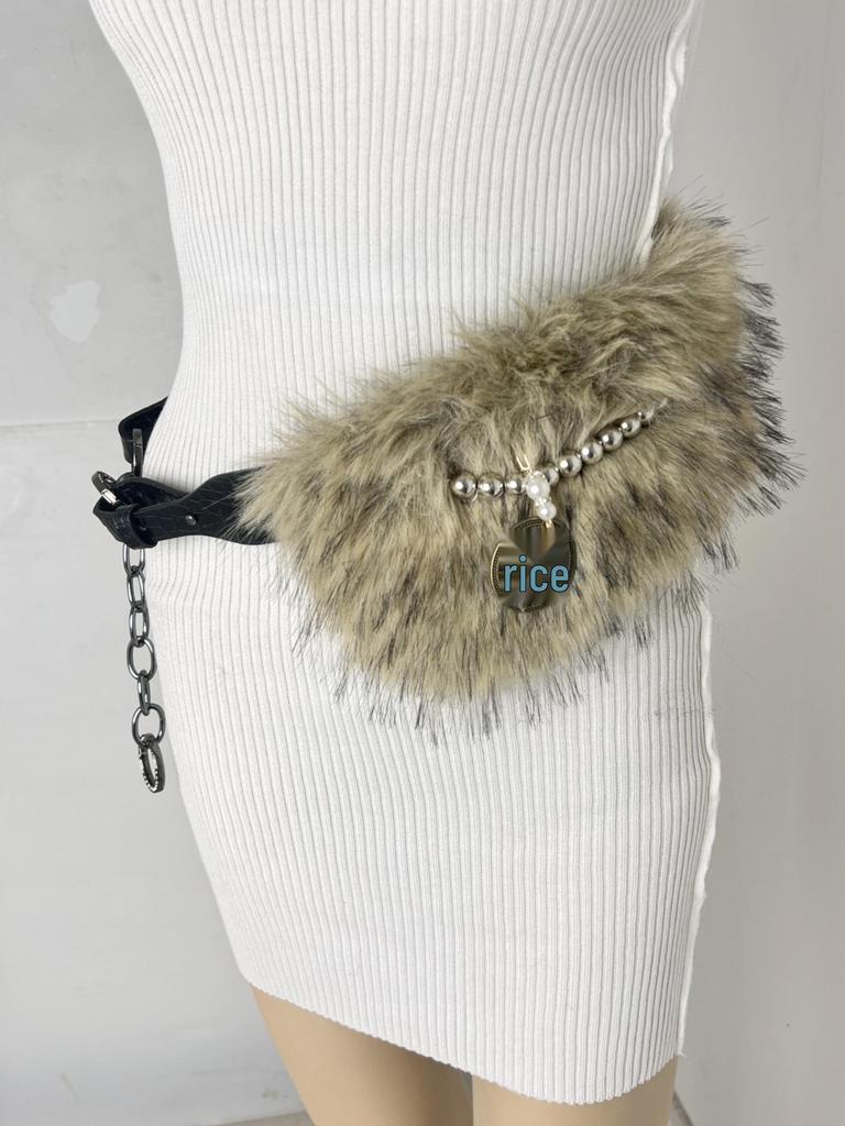 Sparkly Rhinestone Faux Fur Patchwork Waist Belt with Pin Buckle - Y2K Leather Eyelet Design