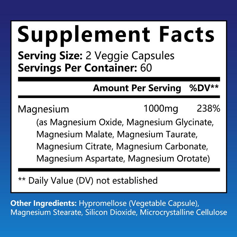Magnesiumkomplex-Nahrungsergänzungsmittel, 8 Elemente Magnesium, 1000 mg - Maximale Absorptionsrate, 120 Kapseln