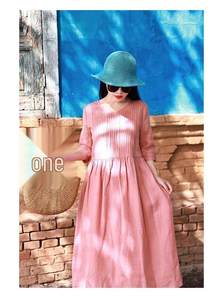 2026 Summer Cotton Linen V-Neck Artistic Long Dress for Women