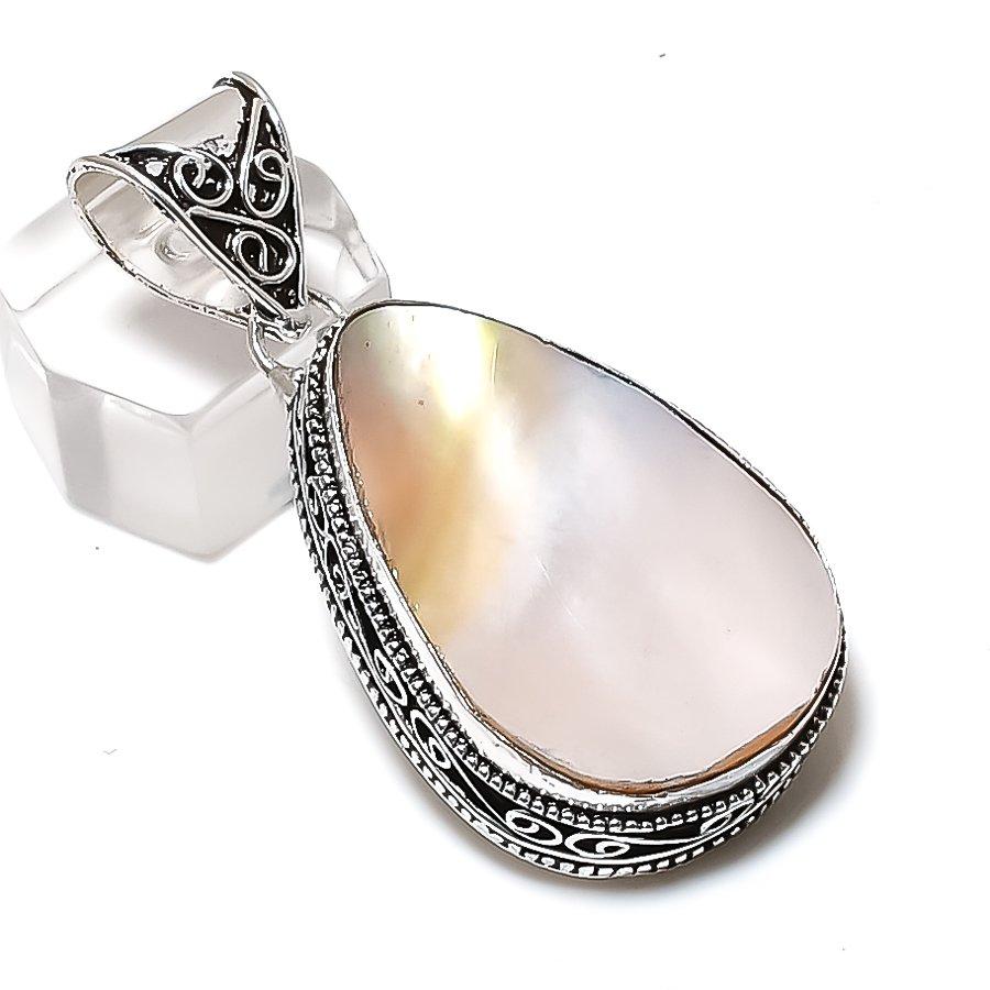 Natural Mother Of Pearl Gemstone 925 Sterling Silver Jewelry Pendant 2.36" ETC-14597