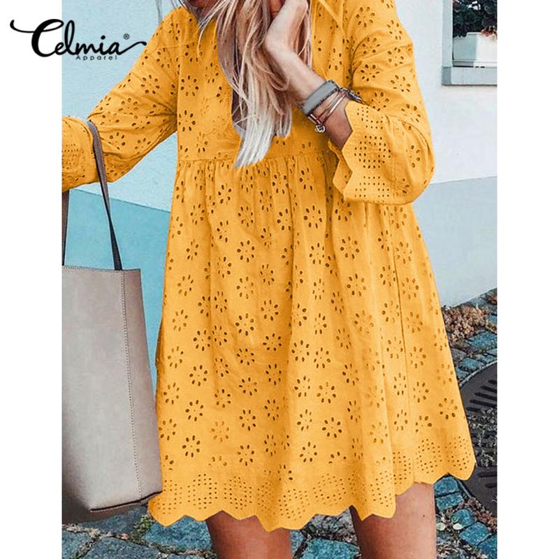 

Celmia Весеннее женское свободное короткое платье из кружева и хлопка с V-образным вырезом и вырезом крючком