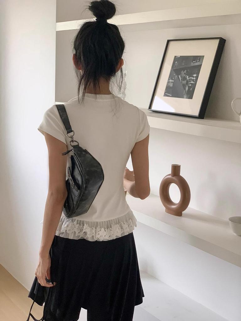 Women's White Lace-Trimmed Ballet-Style Slim Fit Short Sleeve T-Shirt - Summer 2025 Collection