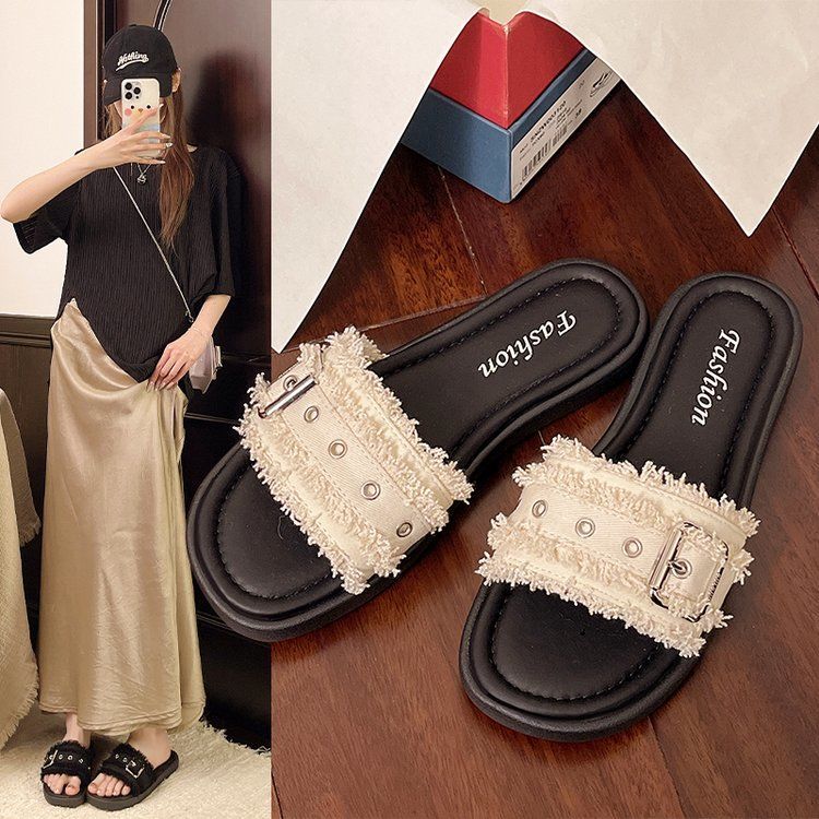 Fashion Beach Slippers Women's Outerwear 2025 New Summer with Skirt Flat Bottom One Word Lazy Drag Versatile Cool Slippers