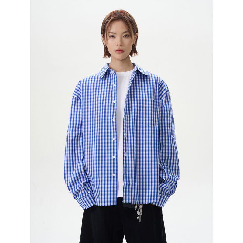 Kisko American Retro Refreshing Blue Plaid Loose Long-Sleeved Shirt for Men and Women, High-End Casual Shirt Jacket