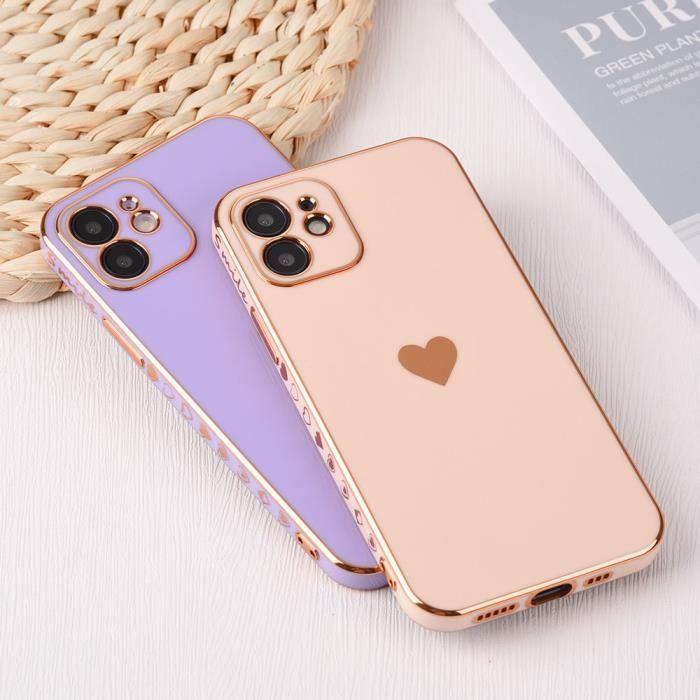 Coque de protection - Luxe - iPhone 12 Pro Max - Rose - Motif coeur galvanisé or - Antichoc et anti-rayure