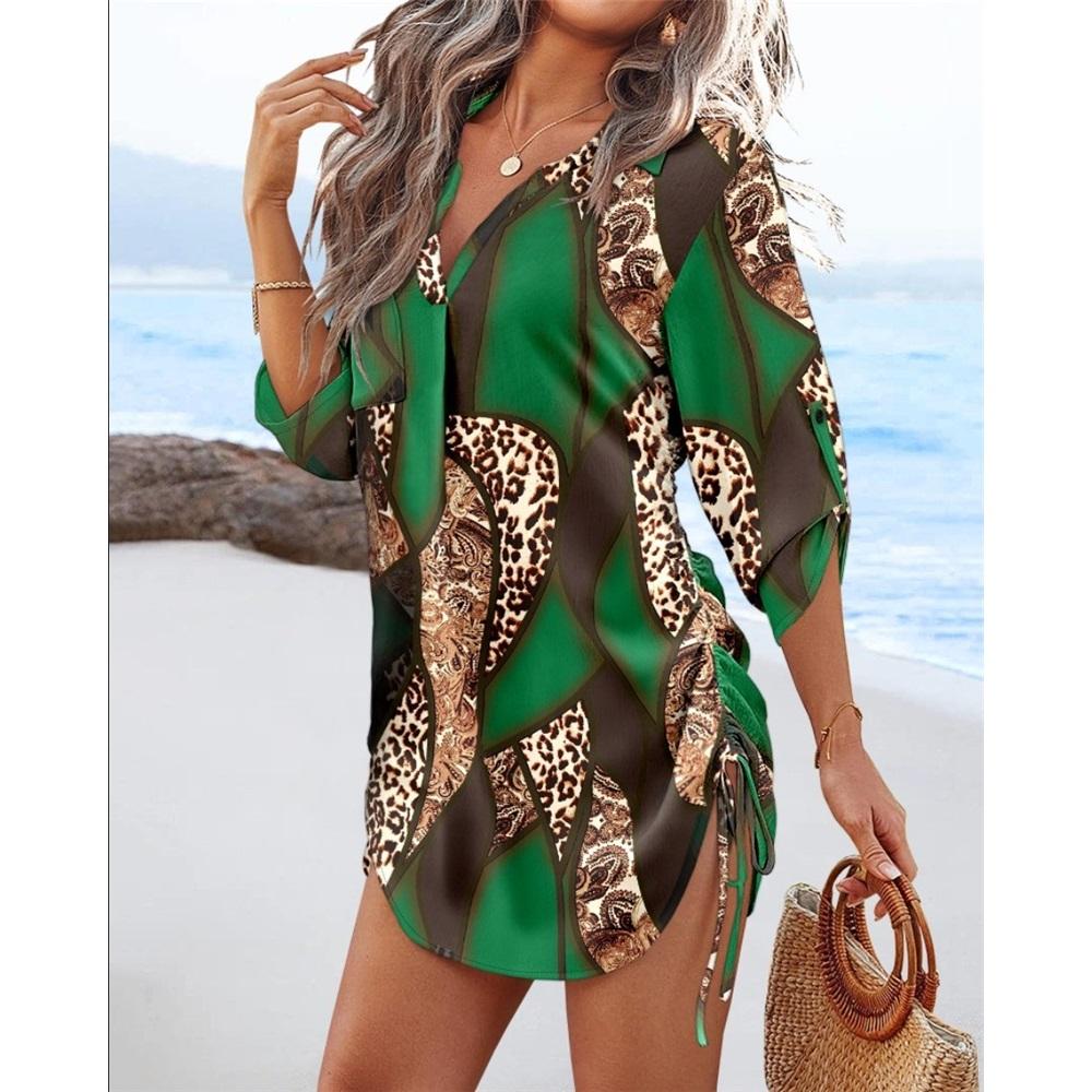 Women's Casual Long-sleeved V-neck Printed Drawstring Short Dress On Both Sides