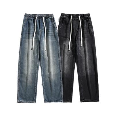 Elastische Taille Trekkoord Slijtage Wit Retro Jeans Heren Hong Kong Stijl Los Recht Street Wijde Pijpen