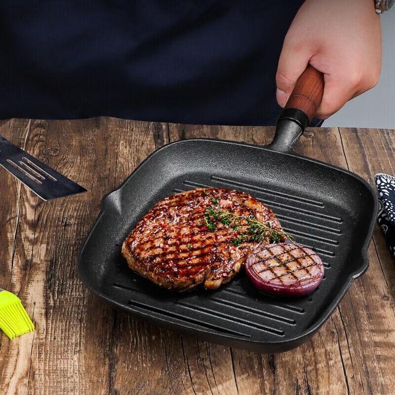 Cast Iron Square Steak Frying Pan with Wooden Handle