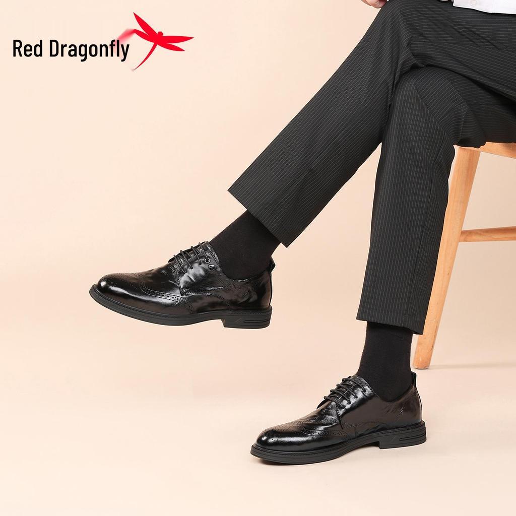 2026 Red Dragonfly Men's Brogue Leather Formal Shoes with Velvet, Genuine Leather, Perforated Design, Ideal for Weddings and Business.