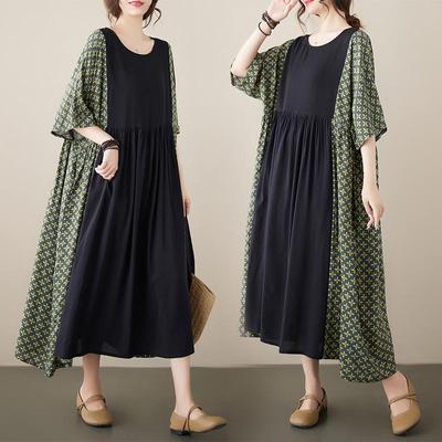2023 Summer Retro Plus Size Round Neck Striped Patchwork Swing Dress - Short Sleeve, Loose Fit for Women