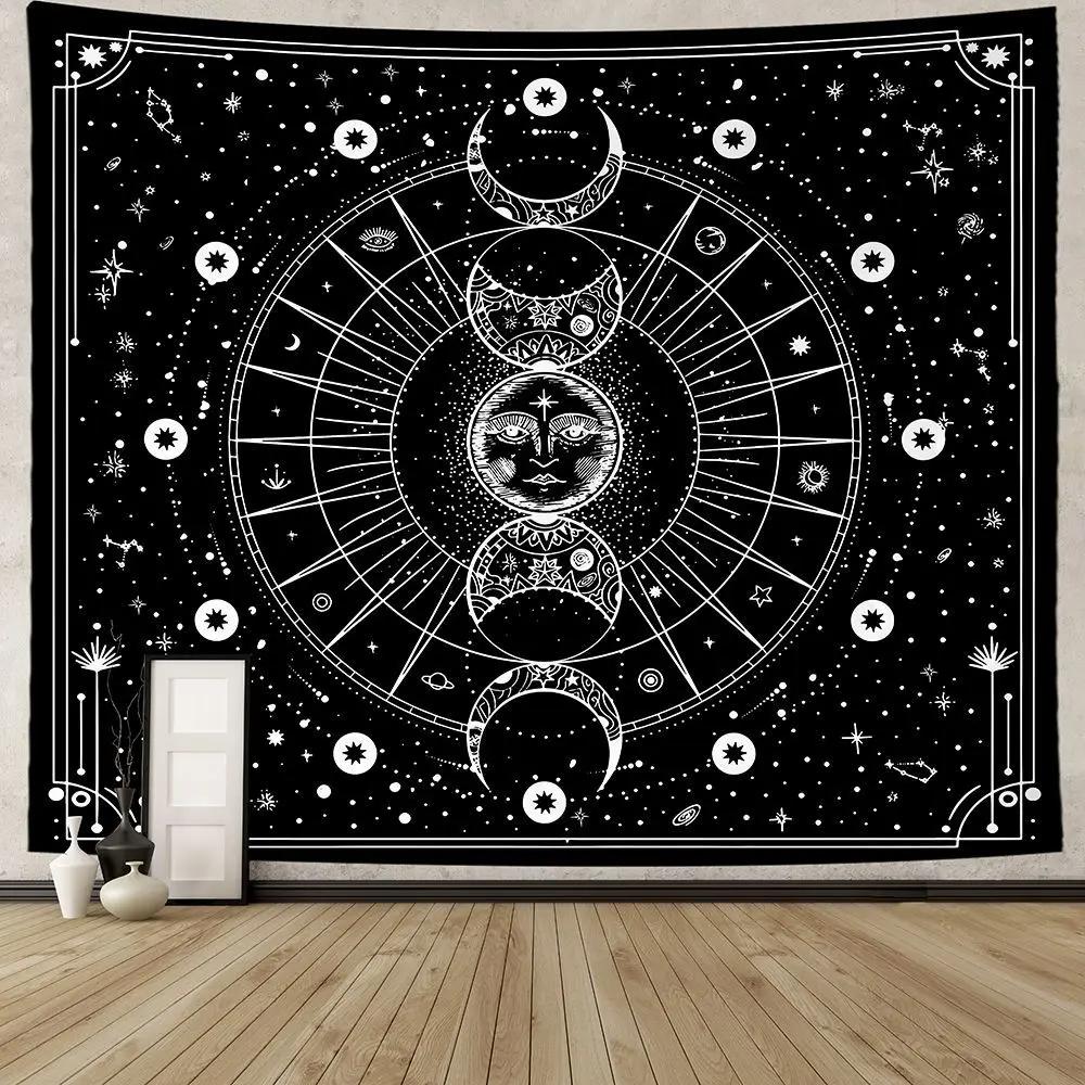 VIKAMA Sonnengott und Mondgöttin Wandteppich Schwarz und Weiß Mystische Astrologische Hängedekoration Bohème Stil Schlafzimmer Wanddekoration