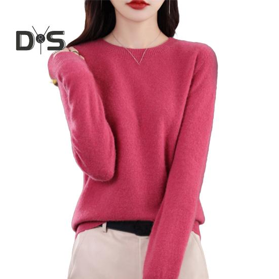 Women Bottoming Sweater Imitation Cashmere Crew Neck Sweater Long Sleeve Solid Color Slim Fit Ribbed Trim Knitting Tops