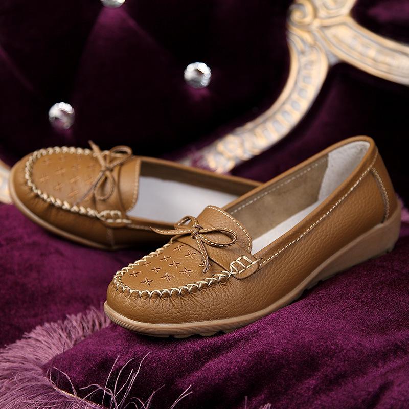 Women Genuine Leather Ballet Flats Elastic Soft Casual Walking Shoes Flat Pumps Comfortable Driving Shoes Mother Shoes