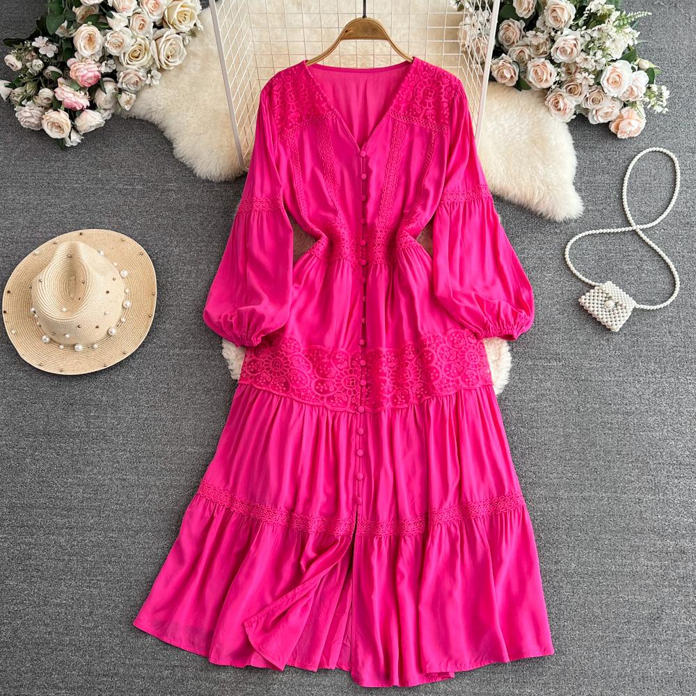 Solide Urlaub V-Ausschnitt Casual Süße Frauen Mode Elegante A-Linie Party Weibliche Chic Vestido Laterne Ärmel Böhmischen Grünen Kleid