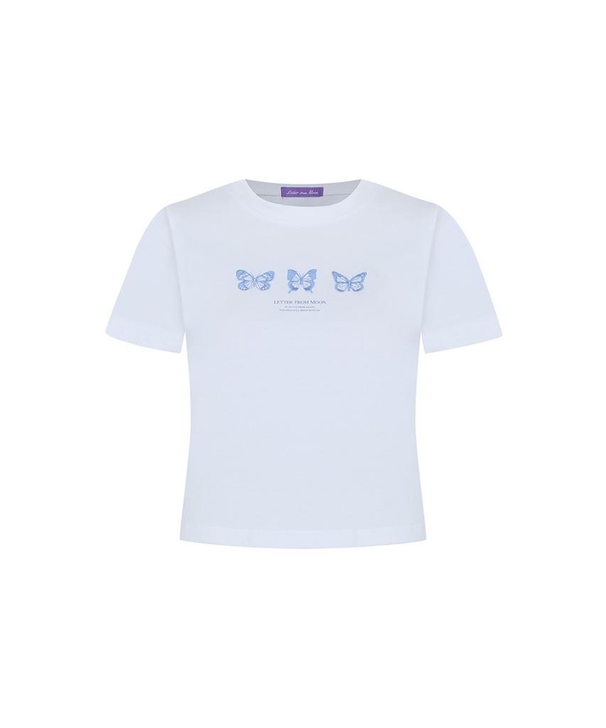 LETTER FROM MOON Triple Butterfly Embroidery Short Sleeve T-Shirt (White & Blue)