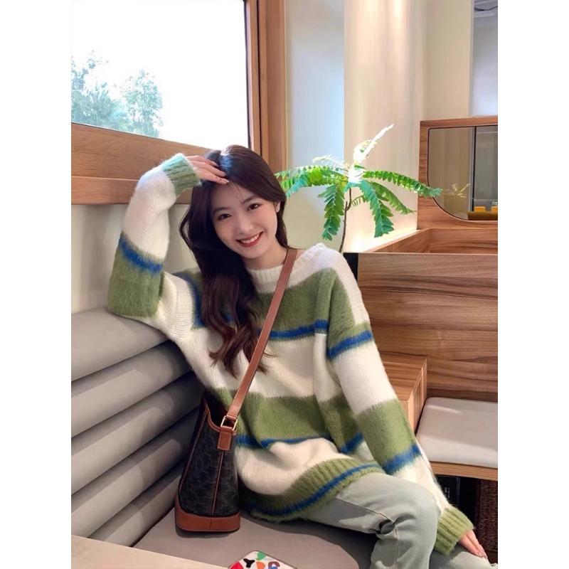 Zelený pruhovaný dámský svetr Color Blocking Kulatý výstřih Dlouhý rukáv Pulovr Teplé svrchní oblečení Dámský podzimní top