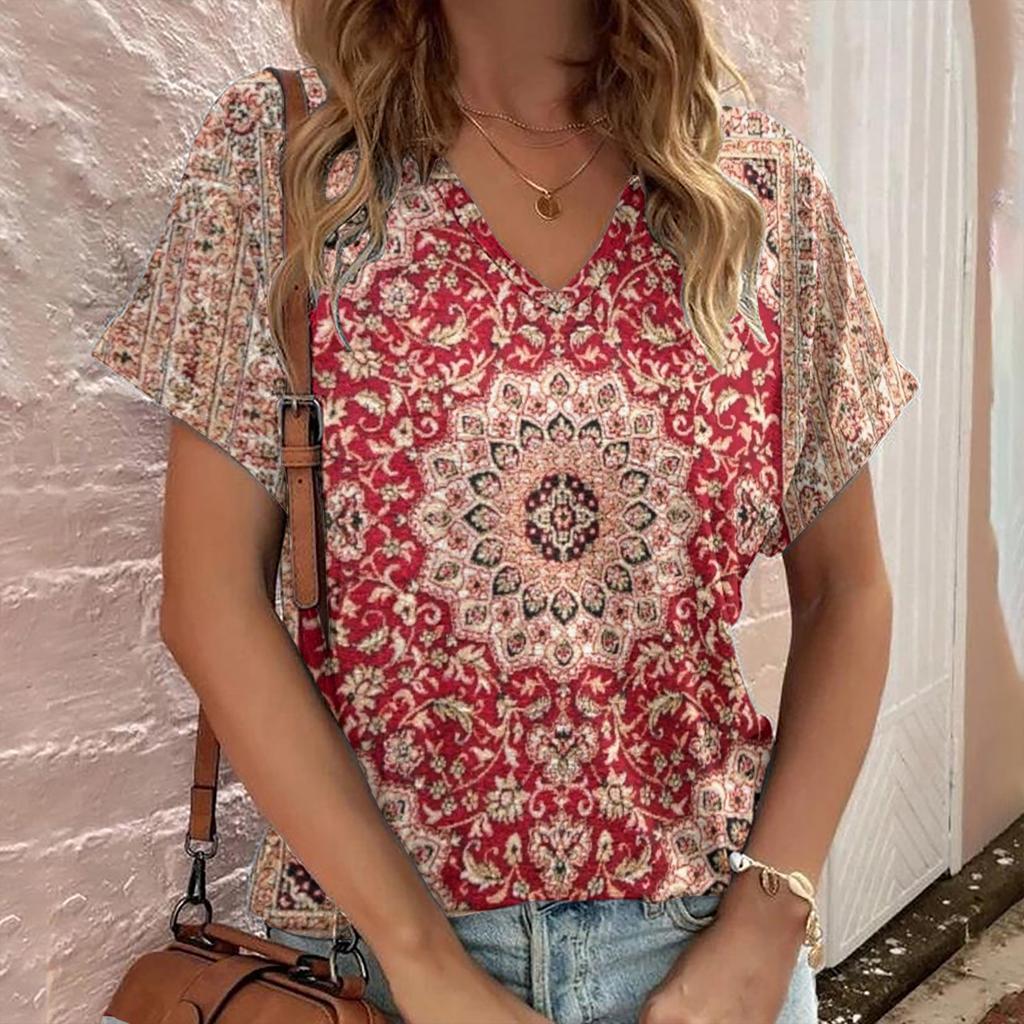 Casual Bohemian Print Women's Short Sleeve V-Neck Top T-Shirt