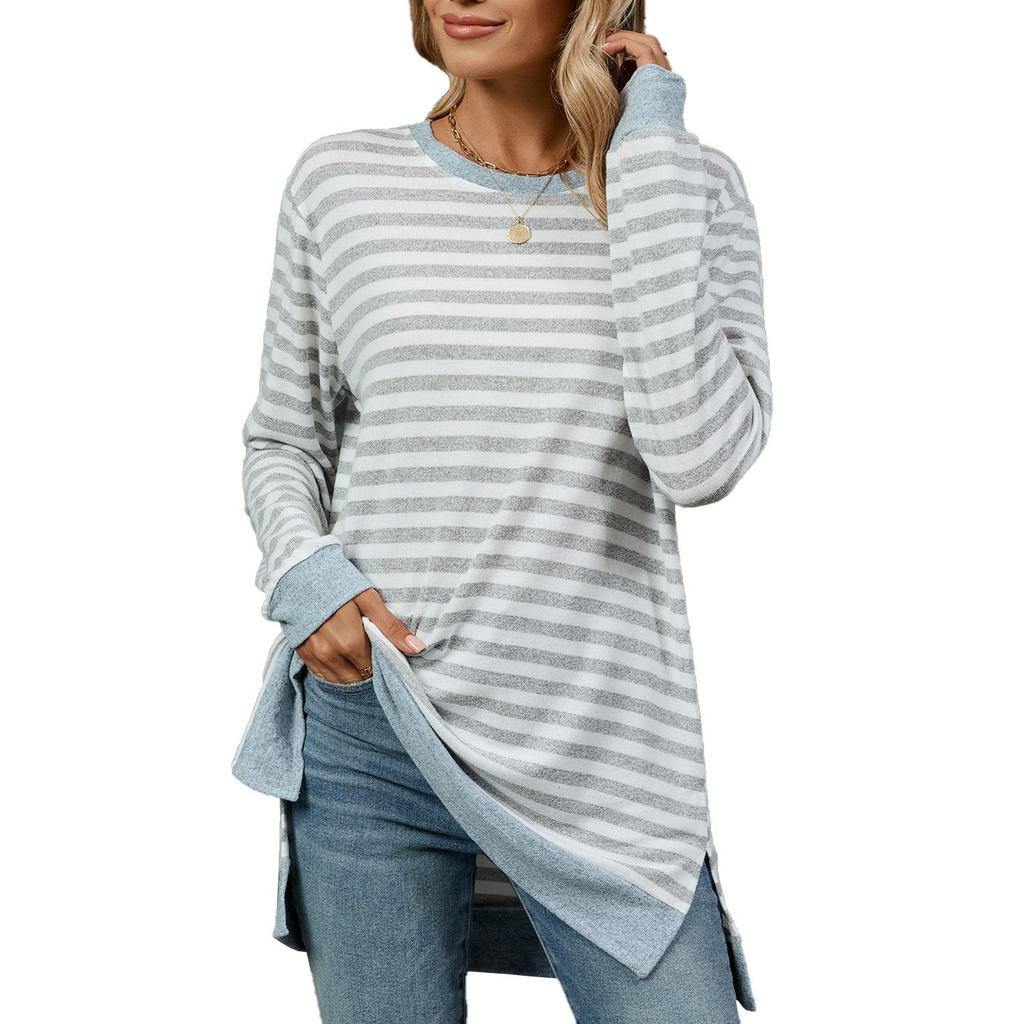Autumn and Winter Women's Blouse Plus Size Striped Clashing Round Neck Long Sleeve Loose Top