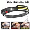 Portable COB Headlamp Sensor LED Head Flashlight Rechargeable Red and White Yellow Light Modes Outdoor Fishing Camping Lantern