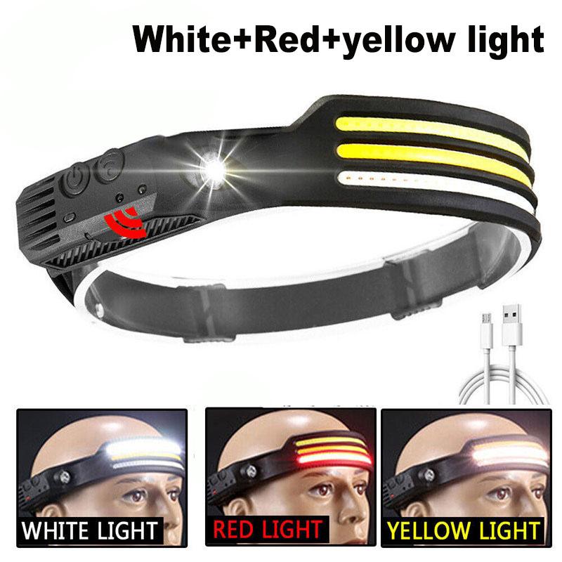 Portable COB Headlamp Sensor LED Head Flashlight Rechargeable Red and White Yellow Light Modes Outdoor Fishing Camping Lantern