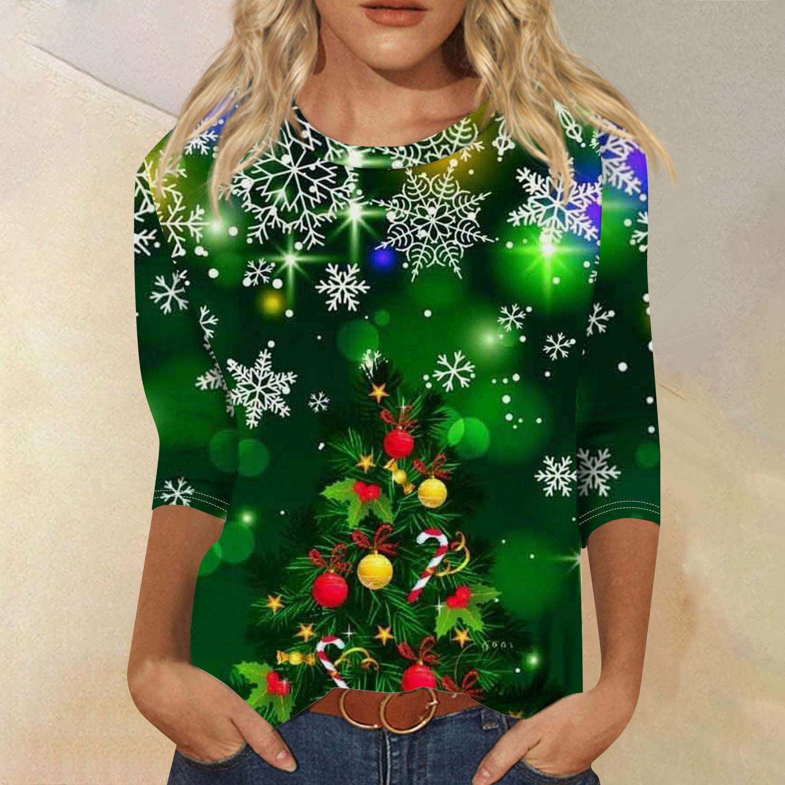 

Женская мода повседневная рубашка с круглым вырезом и рождественским принтом, семь рукавов L