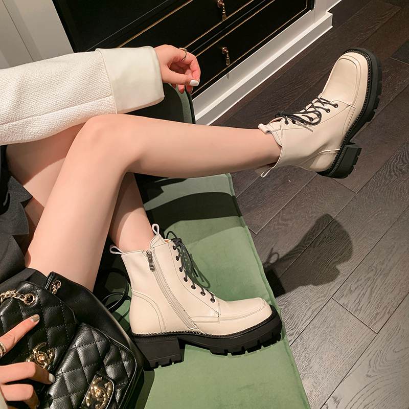 Krazing Pot Cow Leather Winter Shoes Thick Med Heels Handsome Lace Up British School Platform Women Ankle Boots