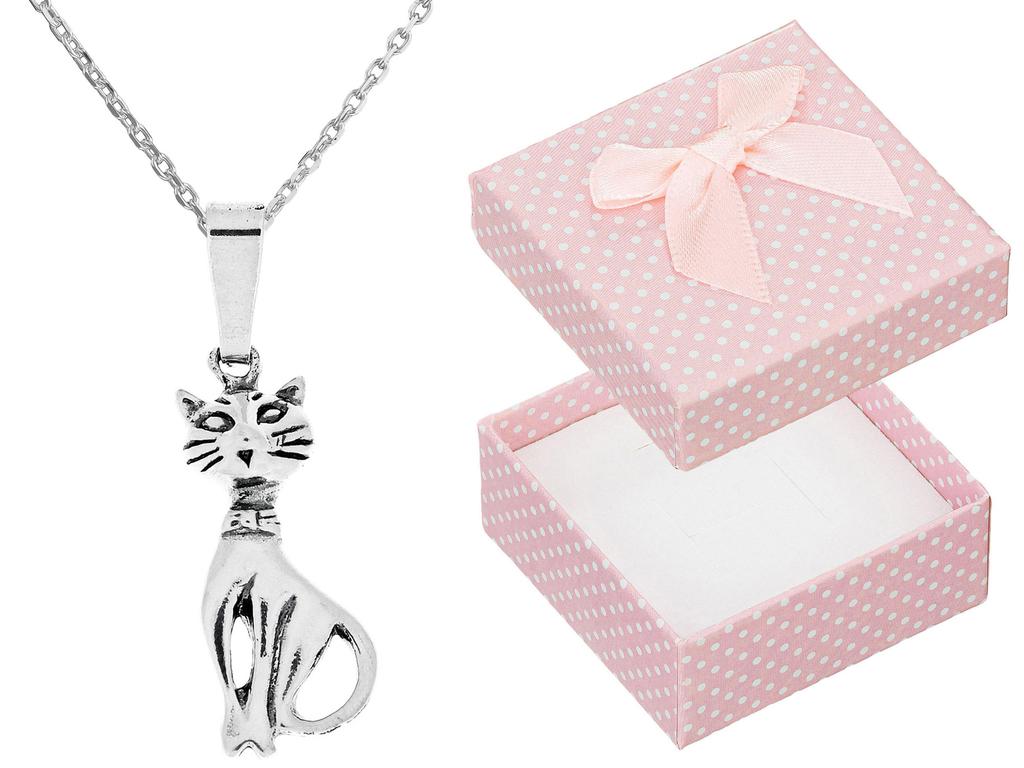 Long Silver Oxidized Women's Necklace With Cat Kitten Cat Silver 80 Cm