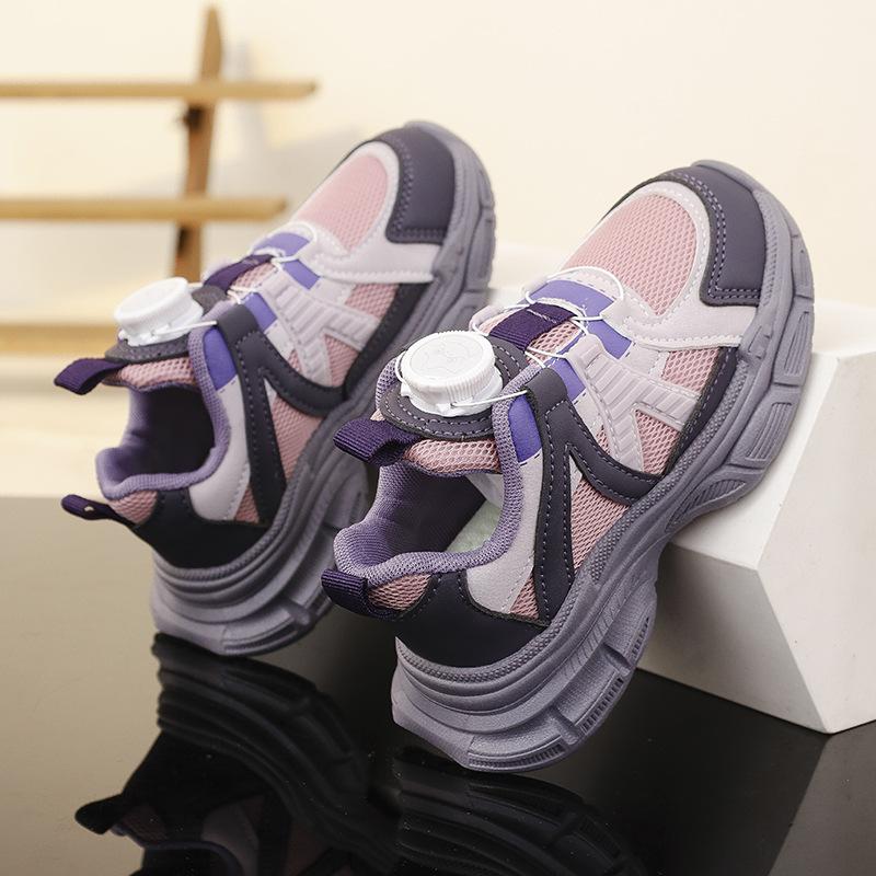 Girls Mesh Sneakers 2025 Autumn New Rotating Button Thick-soled Breathable Children's Korean Version Casual Dad Shoes