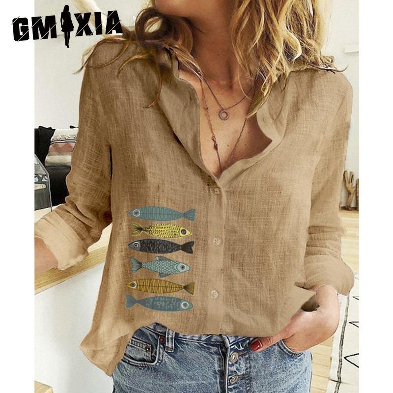 

GMXIA Женская модная повседневная блузка с длинным рукавом и воротником поло с принтом маленьких рыбок XXXXXL кофейный