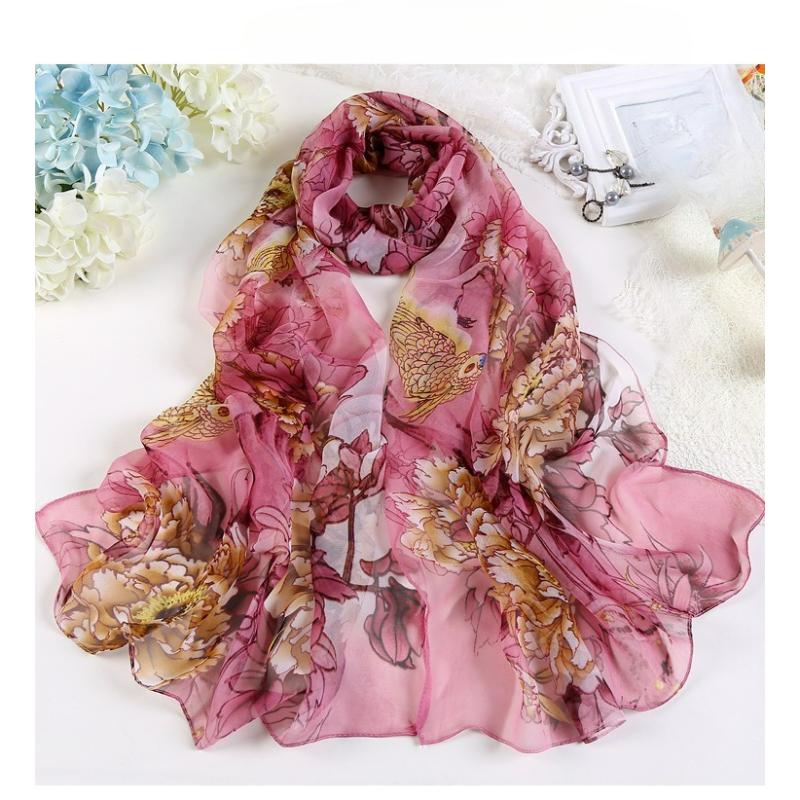 Summer Korean Version of The Season Silk Scarf Sunscreen Scarf Rich Peony Ladies Chiffon Long Silk Scarf Gauze Scarf