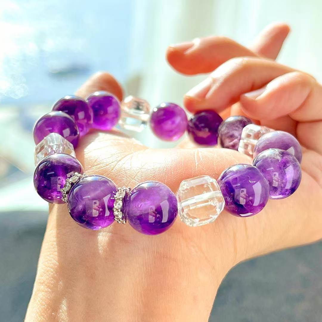 Retro High Quality Natural Large Particle 12Mm Amethyst White Crystal Bracelet Bracelet.